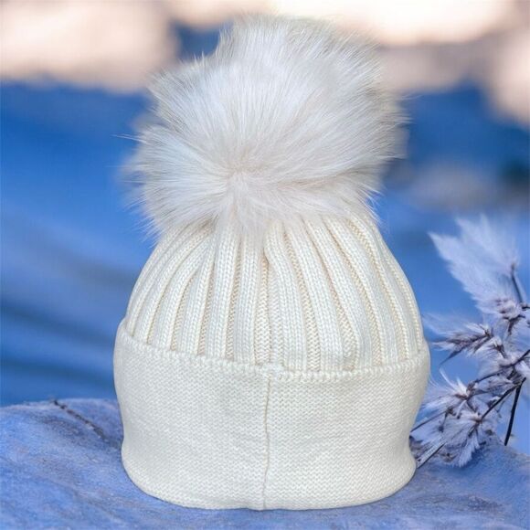 NWT New Adrienne Landau Pearl Trim Pom-Pom Knit Wool Blend Beanie Hat Ivory OS - Picture 4 of 9